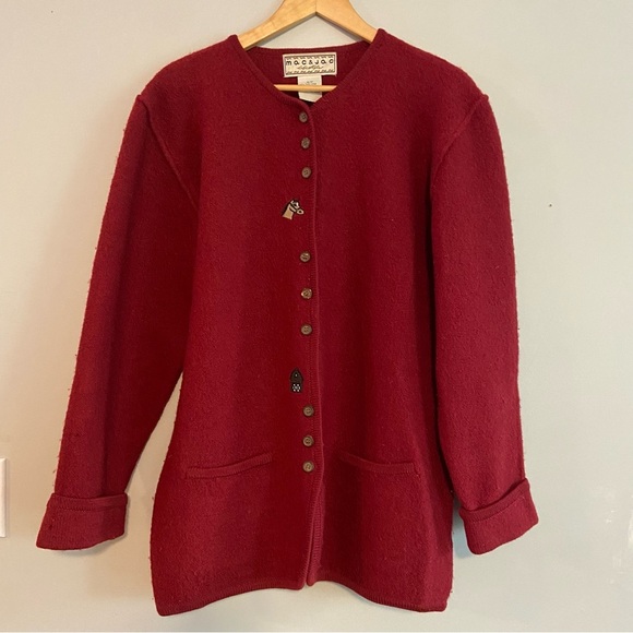 Mac & Jac Red Cardigan Sweater Classic wool. Horse embroidery. - Picture 1 of 6